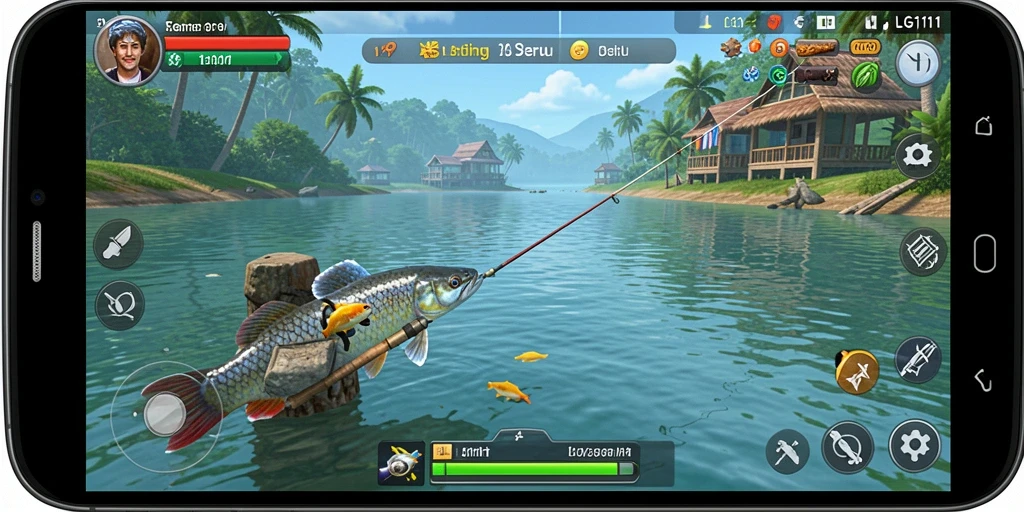 Screenshot gameplay LG111 yang menunjukkan keseruan memancing di lautan.