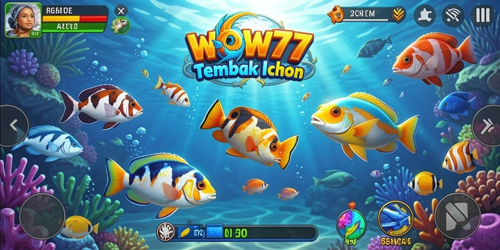 Tampilan gameplay WOW77 dengan ikan yang berwarna-warni dan efek menembak yang menarik.